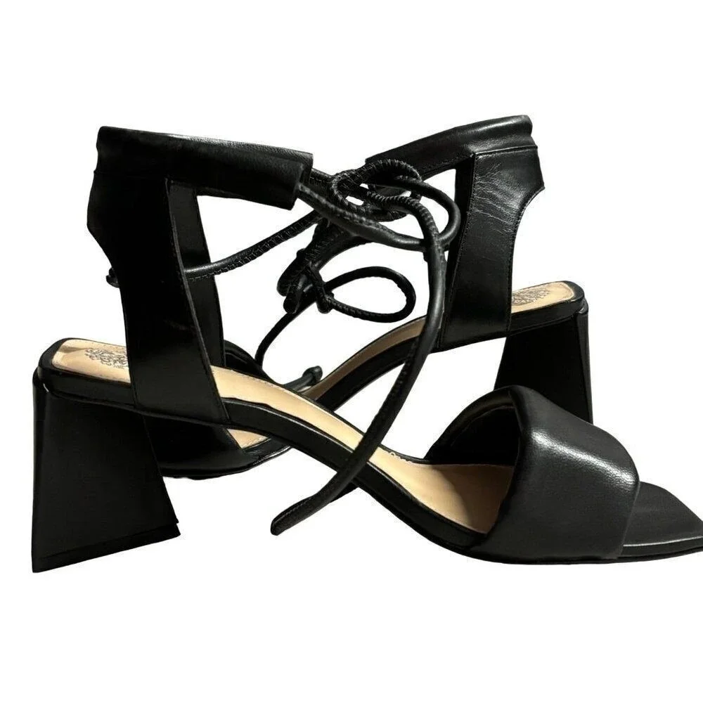 VInce Camuto Vernisa, Block Heel Black Leather Stappy‎ Sandals Shoes Size 8